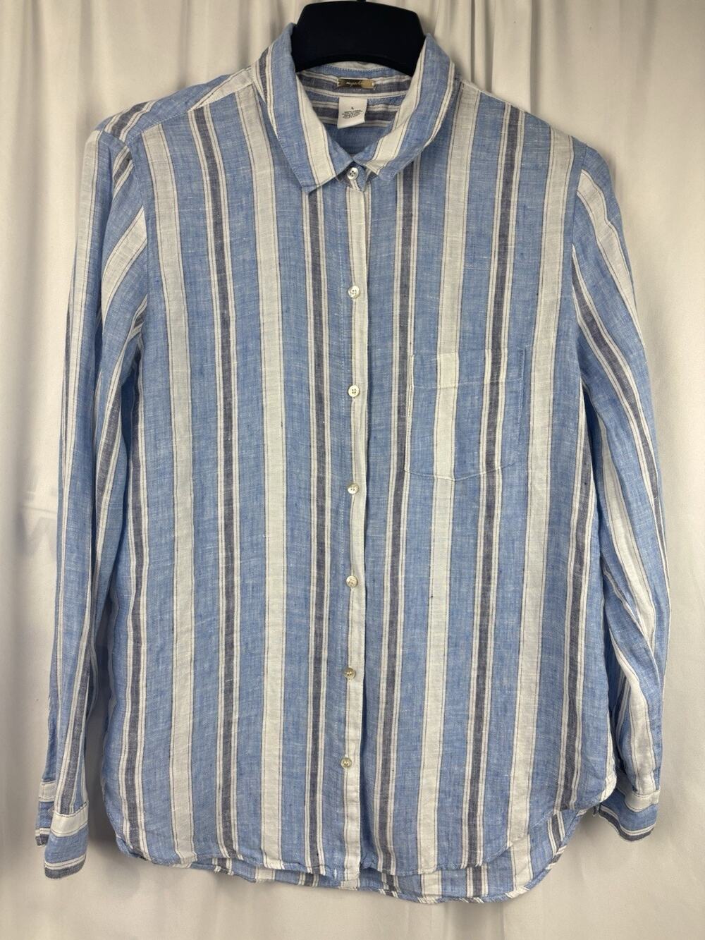 Magaschoni Button Front Shirt Women Size L 100% Linen Blue White Stripe Preppy